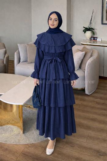 Navy Blue Crew Neck Cotton Fabric Unprinted Dresess