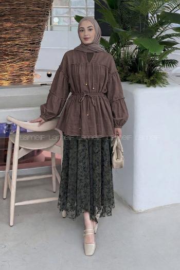 Lamelif Yaka ve Bel Bağlama Detaylı Tunik Acı Kahve