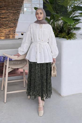Lamelif Yaka ve Bel Bağlama Detaylı Tunik Beyaz