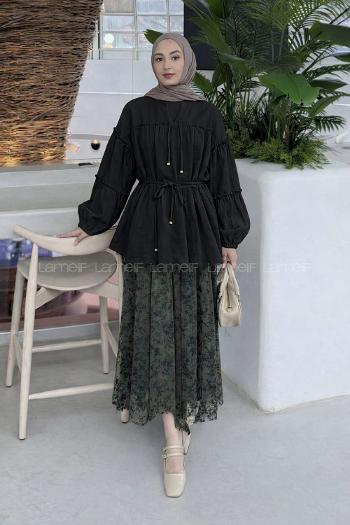 Lamelif Yaka ve Bel Bağlama Detaylı Tunik Siyah