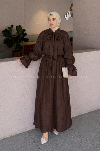 Lamelif Yakası Bağlama Detaylı Etekli Takım Acı Kahve