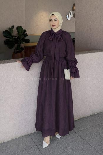 Lamelif Yakası Bağlama Detaylı Etekli Takım Mürdüm