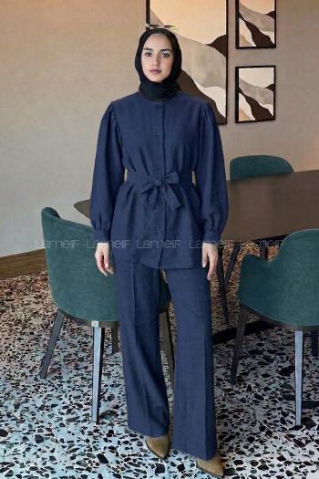 Lamelif Bağlama Detaylı Düğmeli Takım Lacivert
