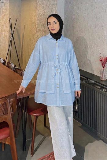 Lamelif Beli Büzgülü Düğme Detaylı Gömlek Bebe Mavisi