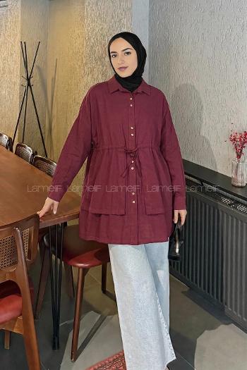 Lamelif Beli Büzgülü Düğme Detaylı Gömlek Bordo