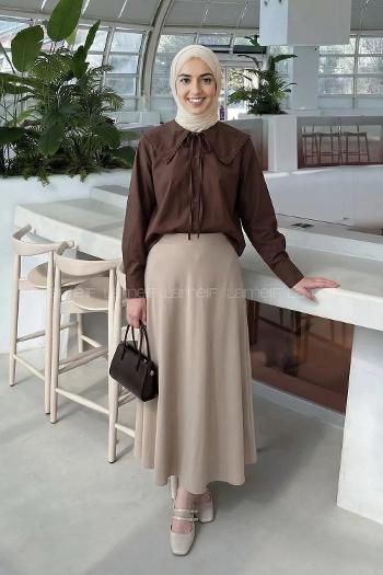 Lamelif Çiçek Detaylı Bebe Yaka Gömlek Acı Kahve