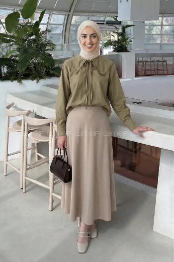 Lamelif Çiçek Detaylı Bebe Yaka Gömlek Asker Yeşili