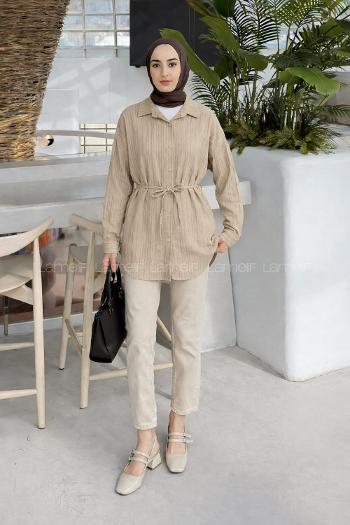 Cream Shirt Collar Long Arm Viscose Fabric Unprinted Shirt