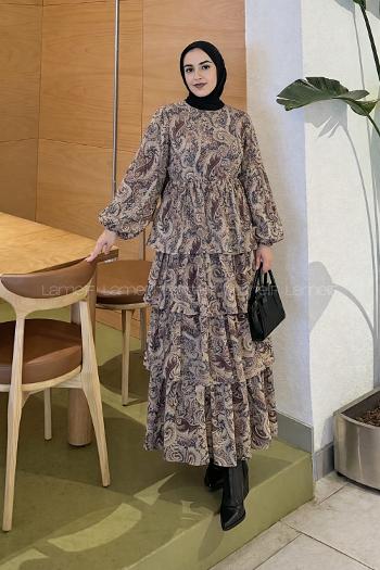 Claret Red Crew Neck Crepe Fabric Printed Dresess