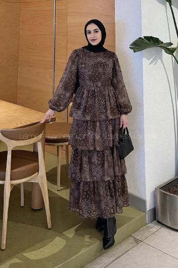 Brown Crew Neck Crepe Fabric Printed Dresess