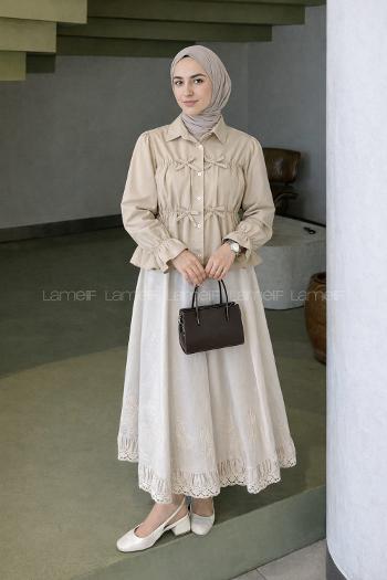 Beige Shirt Collar Long Arm Viscose Fabric Unprinted Shirt