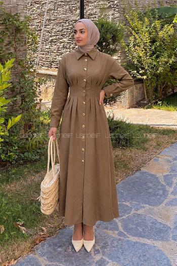 Lamelif Gömlek Yaka Belden Oturtmalı Elbise Soft Kahve