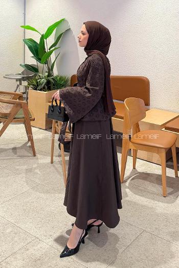 Lamelif Kabartma Nakış İşlemeli Takım Kahverengi