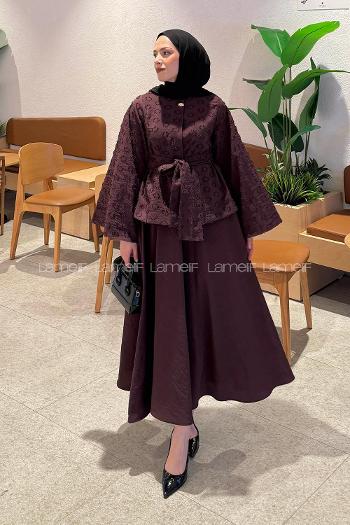 Lamelif Kabartma Nakış İşlemeli Takım Mürdüm