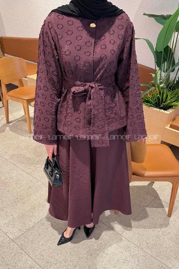 Lamelif Kabartma Nakış İşlemeli Takım Mürdüm