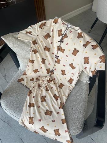 Lamelif Kadın Ayıcık Desenli Fiyonk Özel Dikiş Pijama Takımı