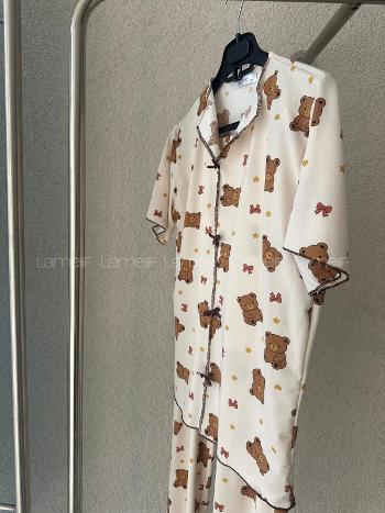Lamelif Kadın Ayıcık Desenli Fiyonk Özel Dikiş Pijama Takımı