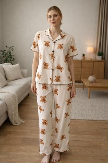 Lamelif Kadın Ayıcık Desenli Fiyonk Özel Dikiş Pijama Takımı
