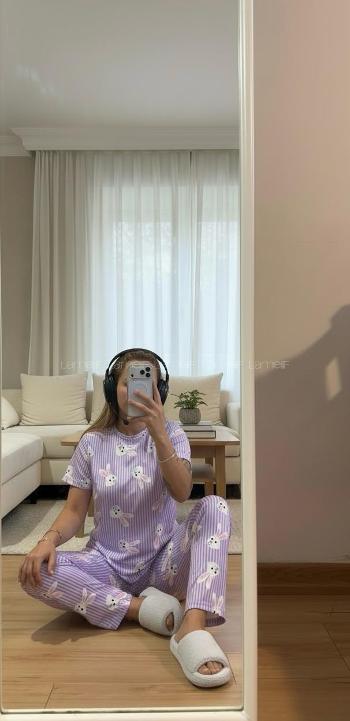 Lamelif Kadın Milan Kumaş  Tavşan   Desenli Pijama Takımı