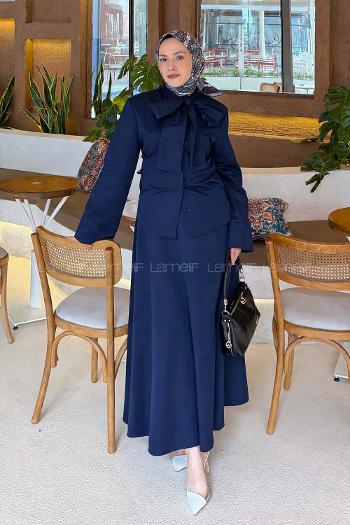 Lamelif Kravat Yaka Tesettür Takım Lacivert