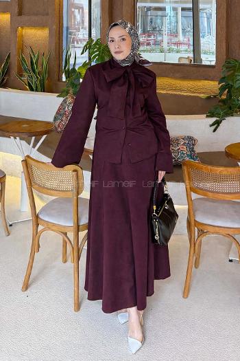 Lamelif Kravat Yaka Tesettür Takım Mürdüm