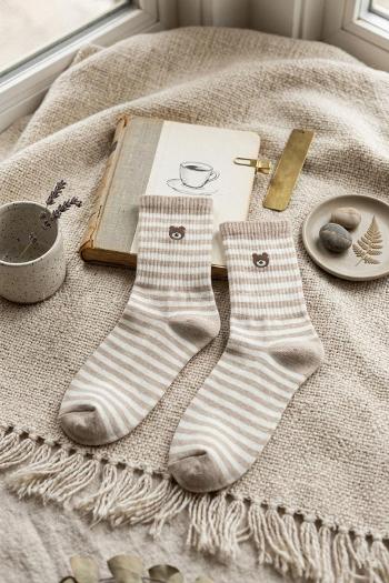 Lamelif Penye Çizgili Ayı Kolej Çorap