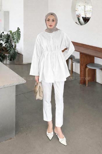 Lamelif Piliseli Geniş Kol Gömlek Beyaz