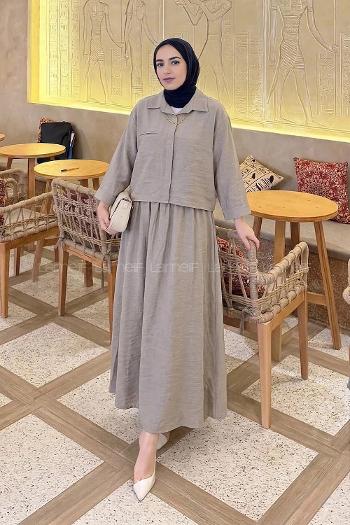 Lamelif Zincir Detaylı Etekli Takım Taş Rengi