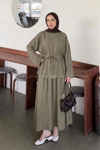 Lamelif Bağlama Detaylı Etekli Modal Takım Haki