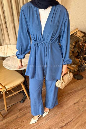 Lamelif Bağlama Detaylı Takım Saks Mavisi