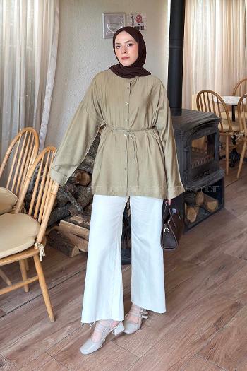 Lamelif Bağlama Detaylı Yırtmaçlı Gömlek Haki