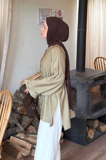 Lamelif Bağlama Detaylı Yırtmaçlı Gömlek Haki