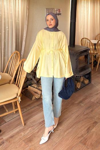 Lamelif Bağlama Detaylı Yırtmaçlı Gömlek Sarı