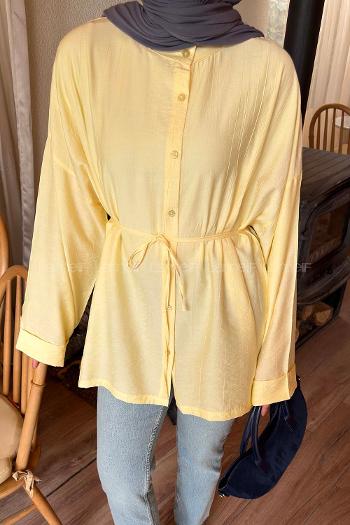 Lamelif Bağlama Detaylı Yırtmaçlı Gömlek Sarı