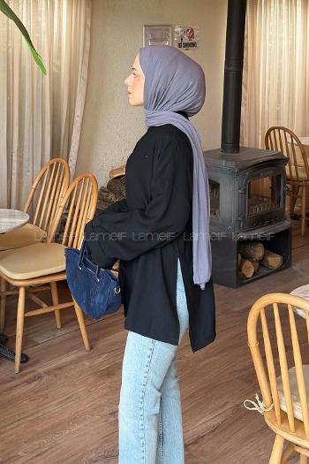 Lamelif Bağlama Detaylı Yırtmaçlı Gömlek Siyah