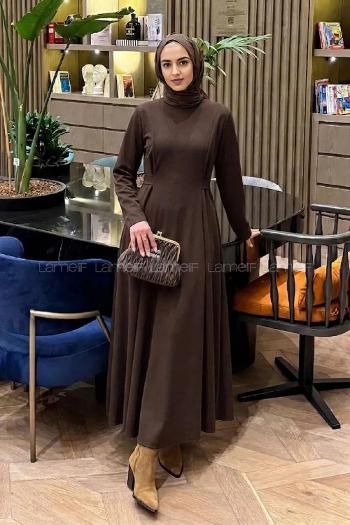 Lamelif Bel Kemer Detaylı Tesettür Elbise Acı Kahve