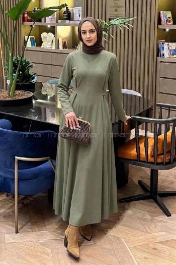 Khaki Crew Neck Cotton Unprinted Dresess