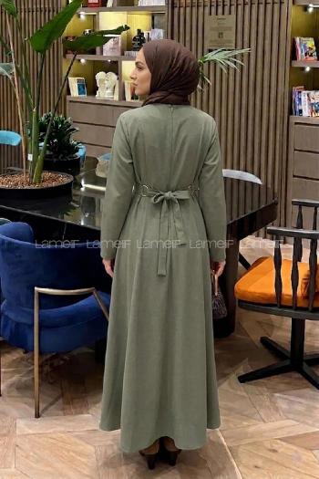 Khaki Crew Neck Cotton Unprinted Dresess