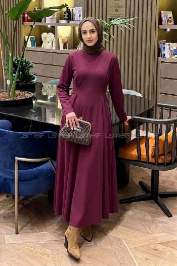 Lamelif Bel Kemer Detaylı Tesettür Elbise Mürdüm