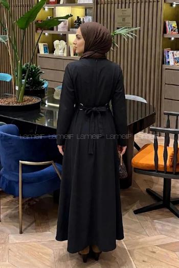 Lamelif Bel Kemer Detaylı Tesettür Elbise Siyah