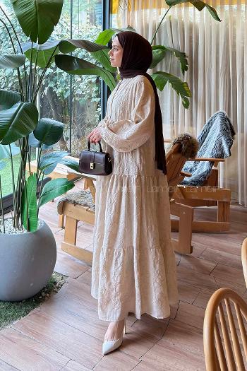 Lamelif Çiçek Desenli Elbise  Taş Rengi