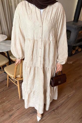 Lamelif Çiçek Desenli Elbise  Taş Rengi