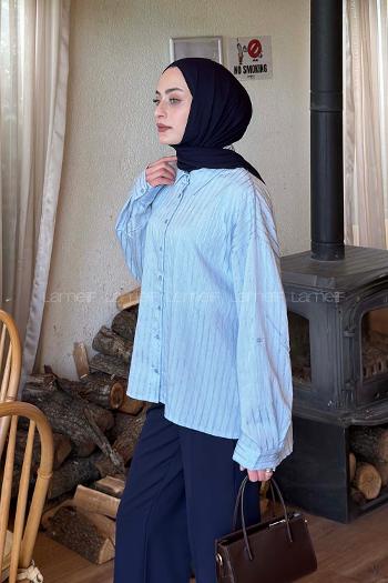 Lamelif Çizgili Modal Gömlek Bebe Mavisi