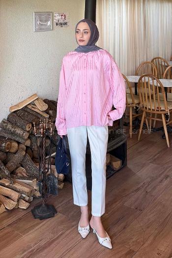 Lamelif Çizgili Modal Gömlek Pembe