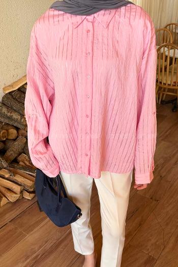 Lamelif Çizgili Modal Gömlek Pembe