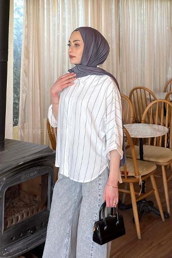 Lamelif Çizgili Yarasa Kol Gömlek Antrasit