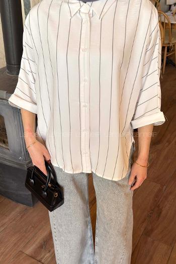 Lamelif Çizgili Yarasa Kol Gömlek Antrasit