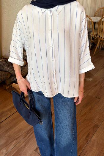 Lamelif Çizgili Yarasa Kol Gömlek Mavi