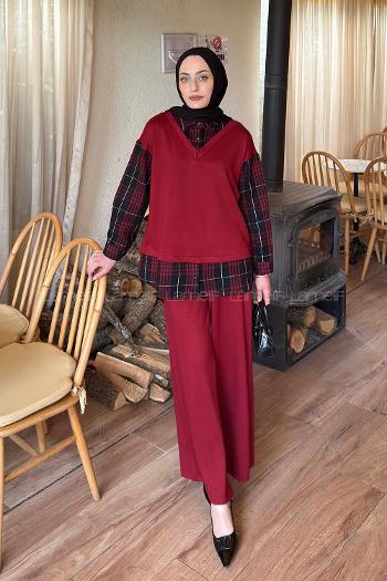 Lamelif Ekose Desen İkili Takım Bordo