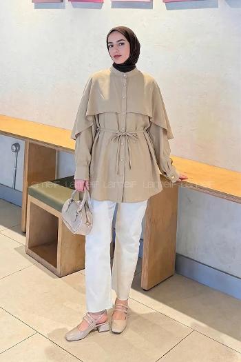 Lamelif Hakim Yaka Pelerinli Gömlek Bej